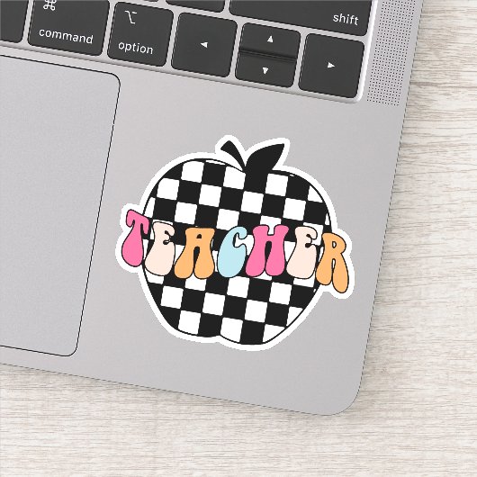 Retro Zwart & Wit Geruit Apple Teacher Vinyl Sticker (Detail)