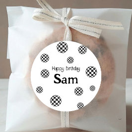 Retro Zwart & Wit Geruit Happy Birthday Naam Ronde Sticker