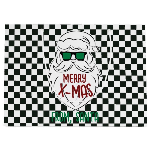 Retro zwart-wit geruit kerstman kerstfeest groot cadeauzakje (Voorkant)