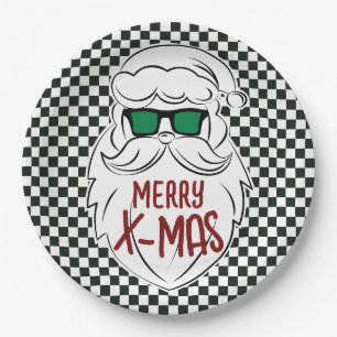 Retro zwart-wit geruit kerstman kerstfeest papieren bordje