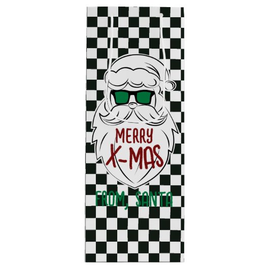 Retro zwart-wit geruit Kerstman Kerstmis Wijn Cadeautas (Voorkant)