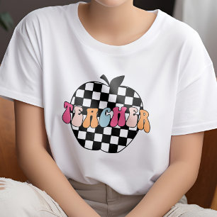 Retro Zwart-wit Geruite Apple Teacher T-shirt