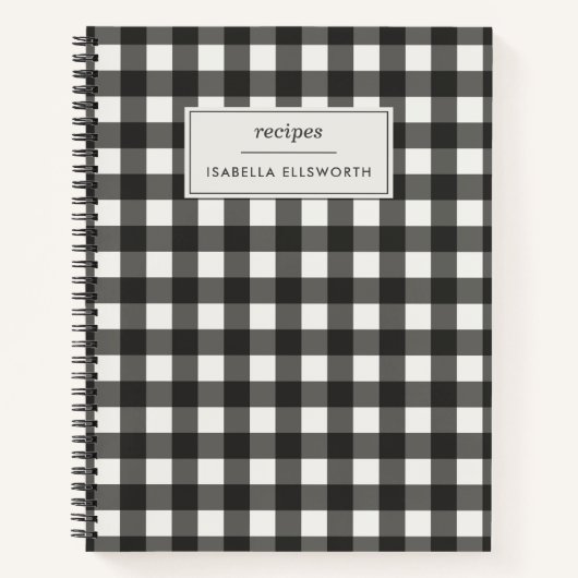 Retro Zwart Wit Gingham Streep Custom Naam Recept Notitieboek (Voorkant)