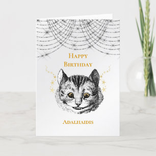 Retro Zwart Wit Goud Cheshire Cat Face Verjaardag Kaart