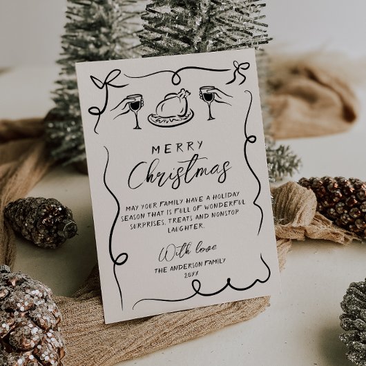 Retro Zwart & Wit Hand getekend Vrolijk Kerstfeest Feestdagenkaart