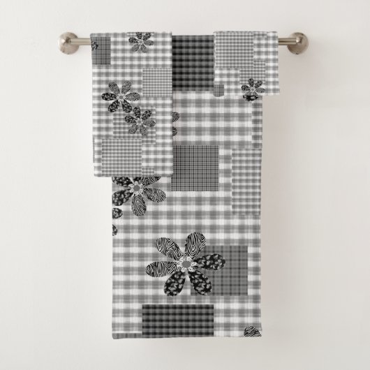 Retro zwart-wit patchwork rustiek patroon bad handdoek (Insitu)