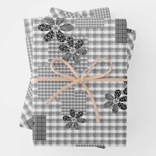 Retro zwart-wit patchwork rustiek patroon inpakpapier vel (In situ)