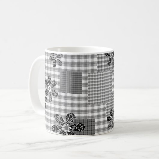 Retro zwart-wit patchwork rustiek patroon koffiemok (Voorkant links)