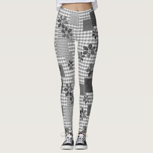 Retro zwart-wit patchwork rustiek patroon leggings