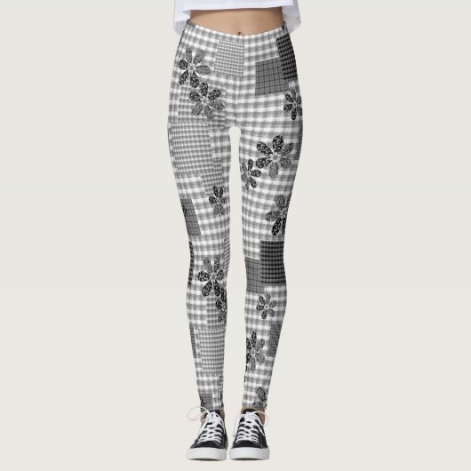 Retro zwart-wit patchwork rustiek patroon leggings (Voorkant)