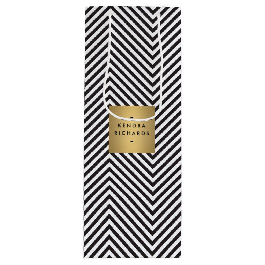Retro zwart-wit patroon gouden naam logo wijn  wijn cadeautas (Voorkant)