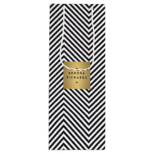 Retro zwart-wit patroon gouden naam logo wijnzak  wijn cadeautas
