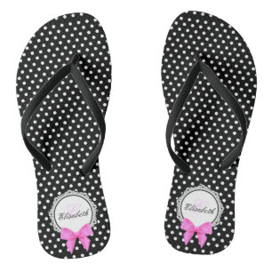 Retro zwart wit polka dot roze strik naam vrouwen teenslippers