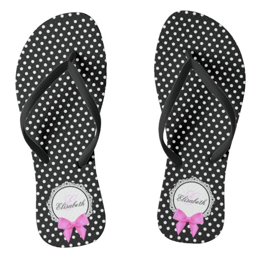 Retro zwart wit polka dot roze strik naam vrouwen teenslippers (Voetbed)
