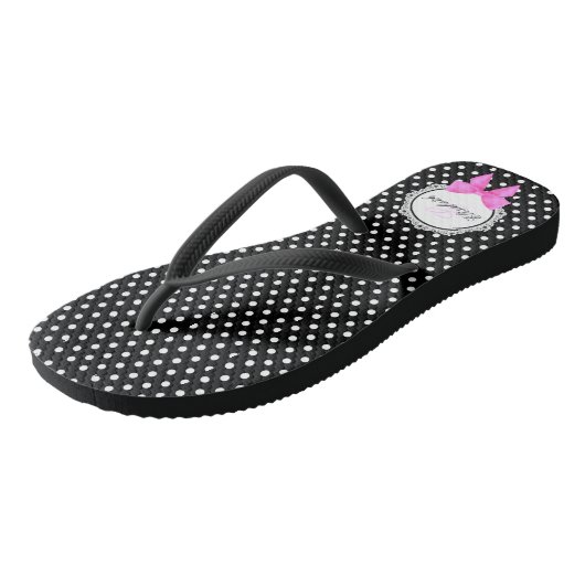 Retro zwart wit polka dot roze strik naam vrouwen teenslippers (Schuin)