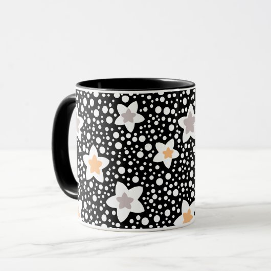 Retro zwart-wit polka stippen met sterren mok (Voorkant links)