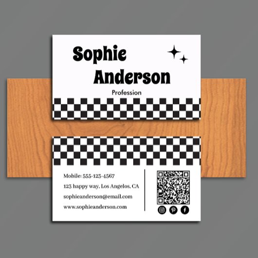Retro zwart-wit schaakbord met QR-code Visitekaartje