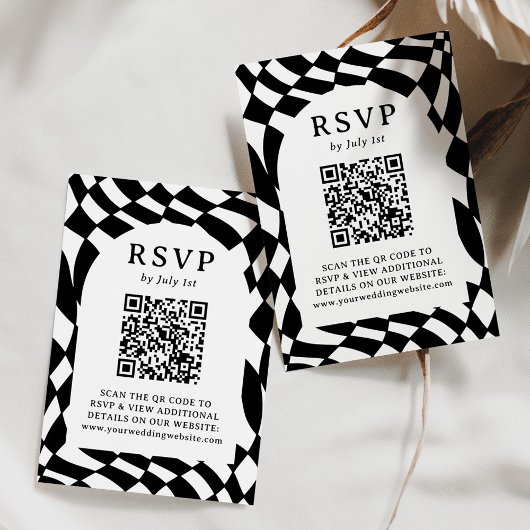 Retro Zwart-Wit Schachbrett QR-code Huwelijk RSVP Kaartje
