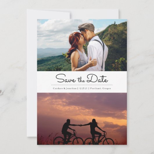 Retro Zwart & Wit Stippen Twee foto's Sla de datum Save The Date (Voorkant)