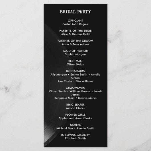 Retro Zwart-wit Vinyl Record Bruiloft Programma Programmakaart (Achterkant)