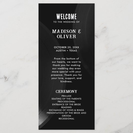 Retro Zwart-wit Vinyl Record Bruiloft Programma Programmakaart (Voorkant)