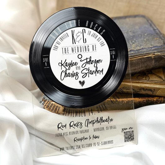 Retro Zwart Wit Vinyl Record Muziek Boog Huwelijk Acryl Uitnodigingen