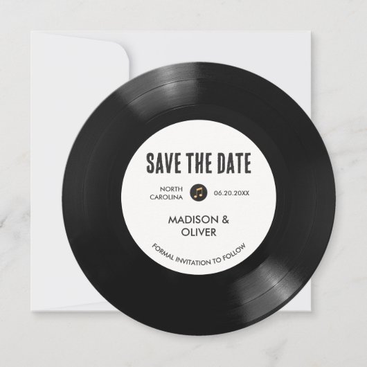 Retro Zwart-wit Vinyl Record Save The Date Kaart (Voorkant)