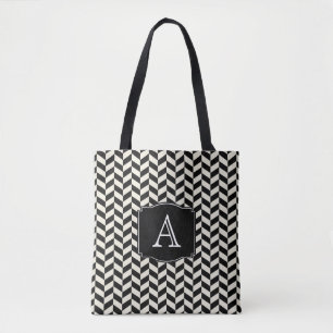 Retro zwart-wit visgraatpatroon tote bag