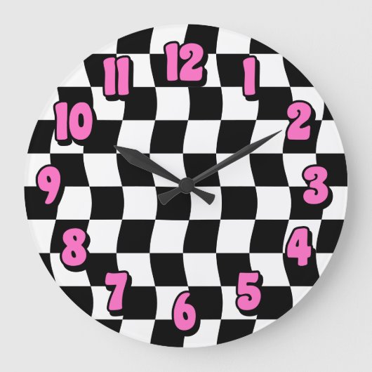 Retro Zwart Wit Wavy Checkerboard Patroon Grote Klok (Voorkant)