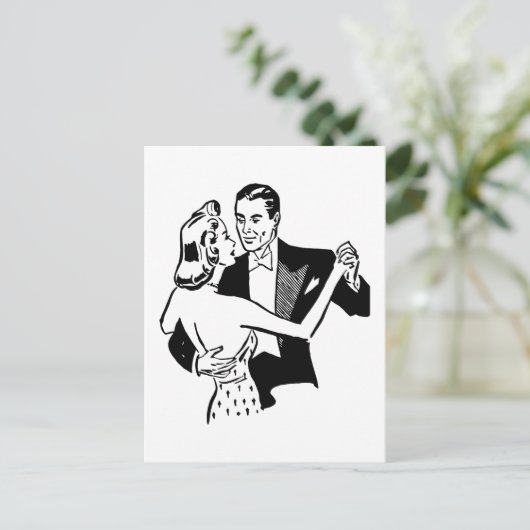 Retro  zwart-witdanspaar in liefde briefkaart (Staand voorkant)