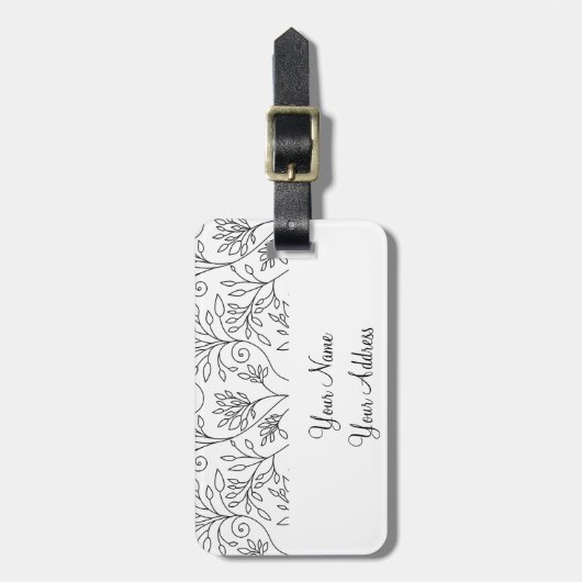 Retro zwart witte bloemen Bagage label (Voorkant verticaal)