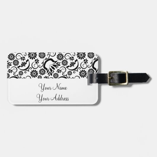 Retro zwart witte bloemen Bagage label (Voorkant horizontaal)