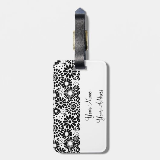 Retro zwart witte bloemen Bagage label (Achterkant verticaal)