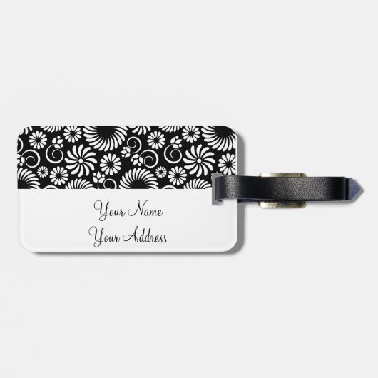 Retro zwart witte bloemen Bagage label (Achterkant horizontaal)