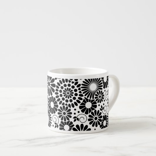 Retro zwart witte bloemen Espresso Mok (Voorkant rechts)