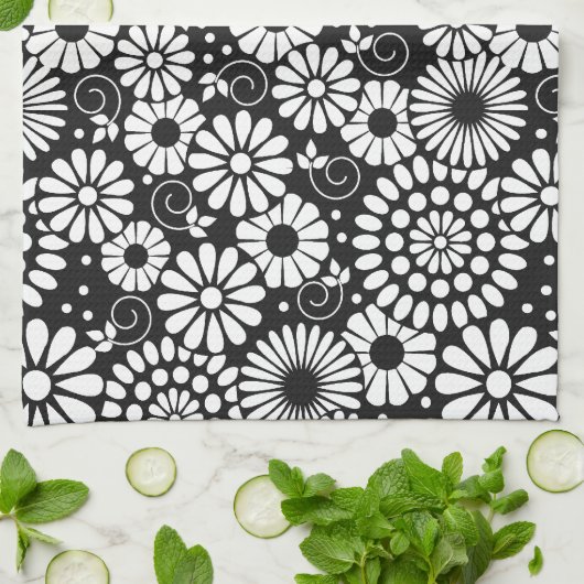 Retro zwart witte bloemen Handdoek (Gevouwen)