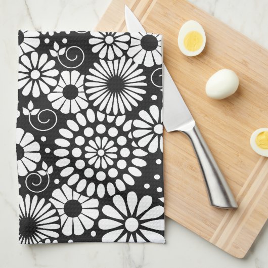 Retro zwart witte bloemen Handdoek (Quarter Fold)