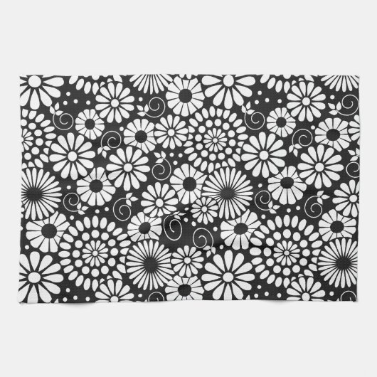 Retro zwart witte bloemen Handdoek (Horizontaal)