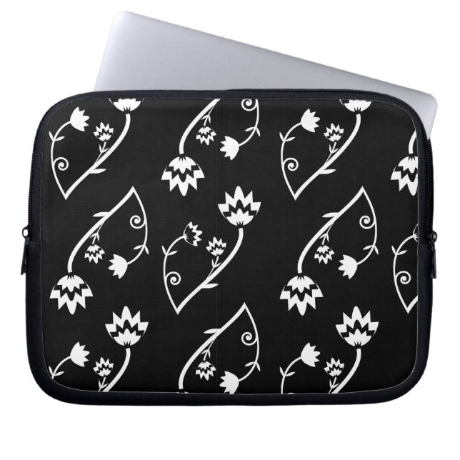 Retro zwart witte bloemen Laptop Hoes (Voorkant)