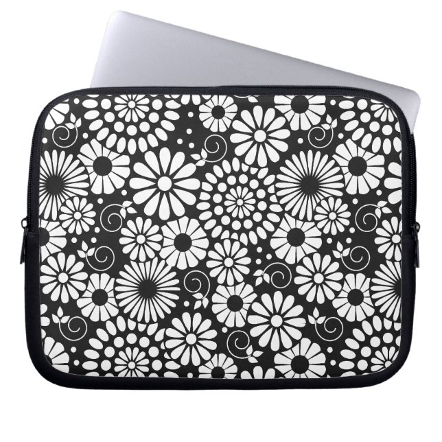 Retro zwart witte bloemen Laptop Hoes (Voorkant)