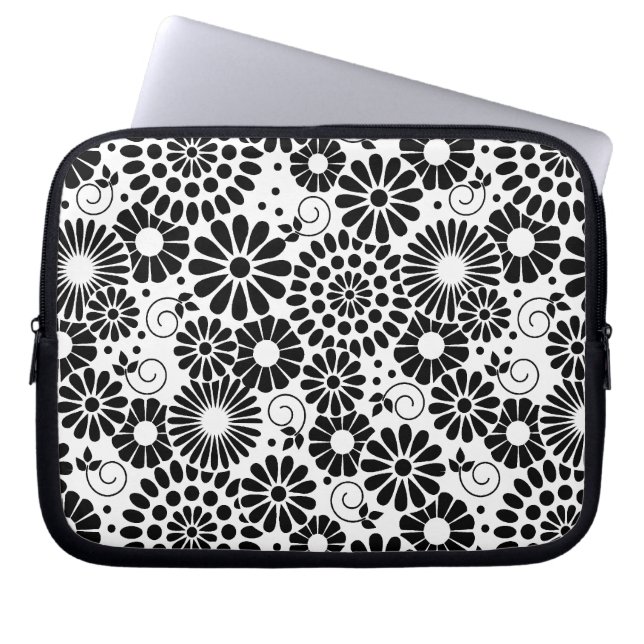 Retro zwart witte bloemen Laptop Hoes (Voorkant)