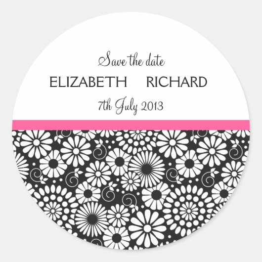 Retro zwart witte bloemen 'Save the Date' Sticker (Voorkant)
