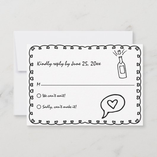 Retro Zwart & Witte Hand getrokken unieke bruiloft RSVP Kaartje (Voorkant)