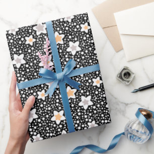 Retro zwart-witte stippen met sterren cadeaupapier