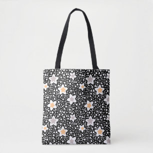 Retro zwart-witte stippen met sterren tote bag