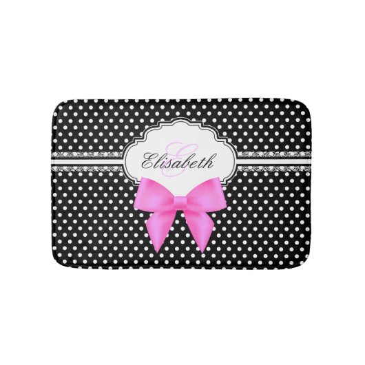 Retro zwarte en witte polka stip roze boogmonogram badmat (Voorkant)