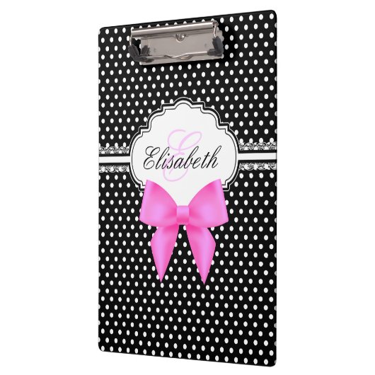 Retro zwarte en witte polka stipt roze strik monog klembord (Links)
