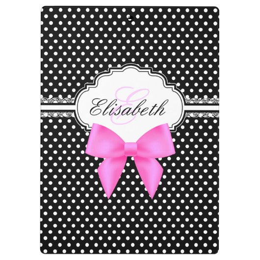 Retro zwarte en witte polka stipt roze strik monog klembord (Achterkant)