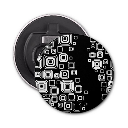 Retro zwarte en witte vierkantjes button flesopener (Voorkant)