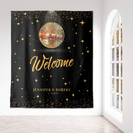Retro Zwarte Gouden Glitter Disco Bruiloft Welkom Wandkleed